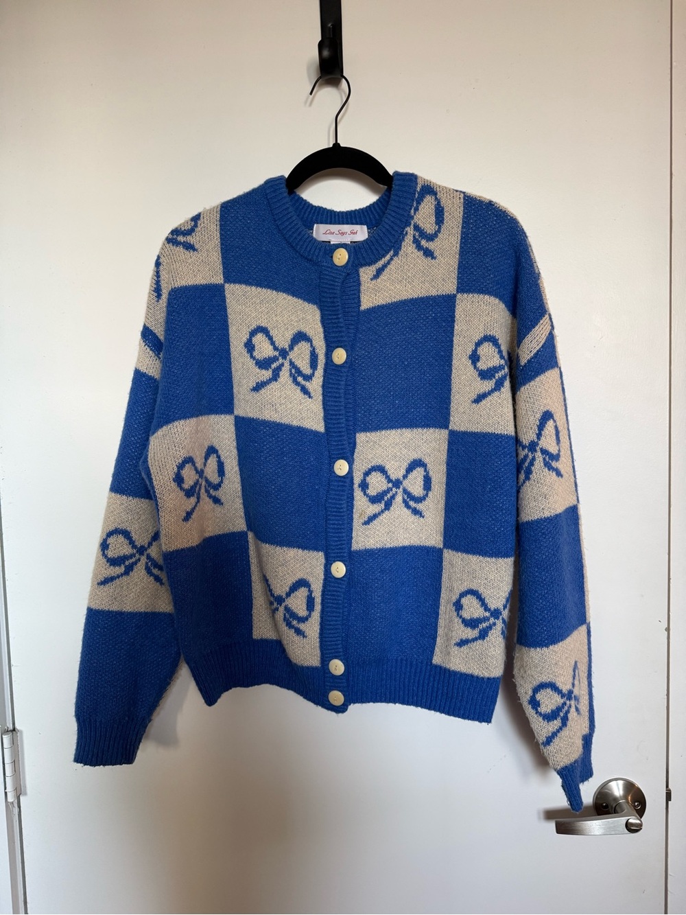 Lisa Says Gah Blue & Cream Checkered Bow Cardigan